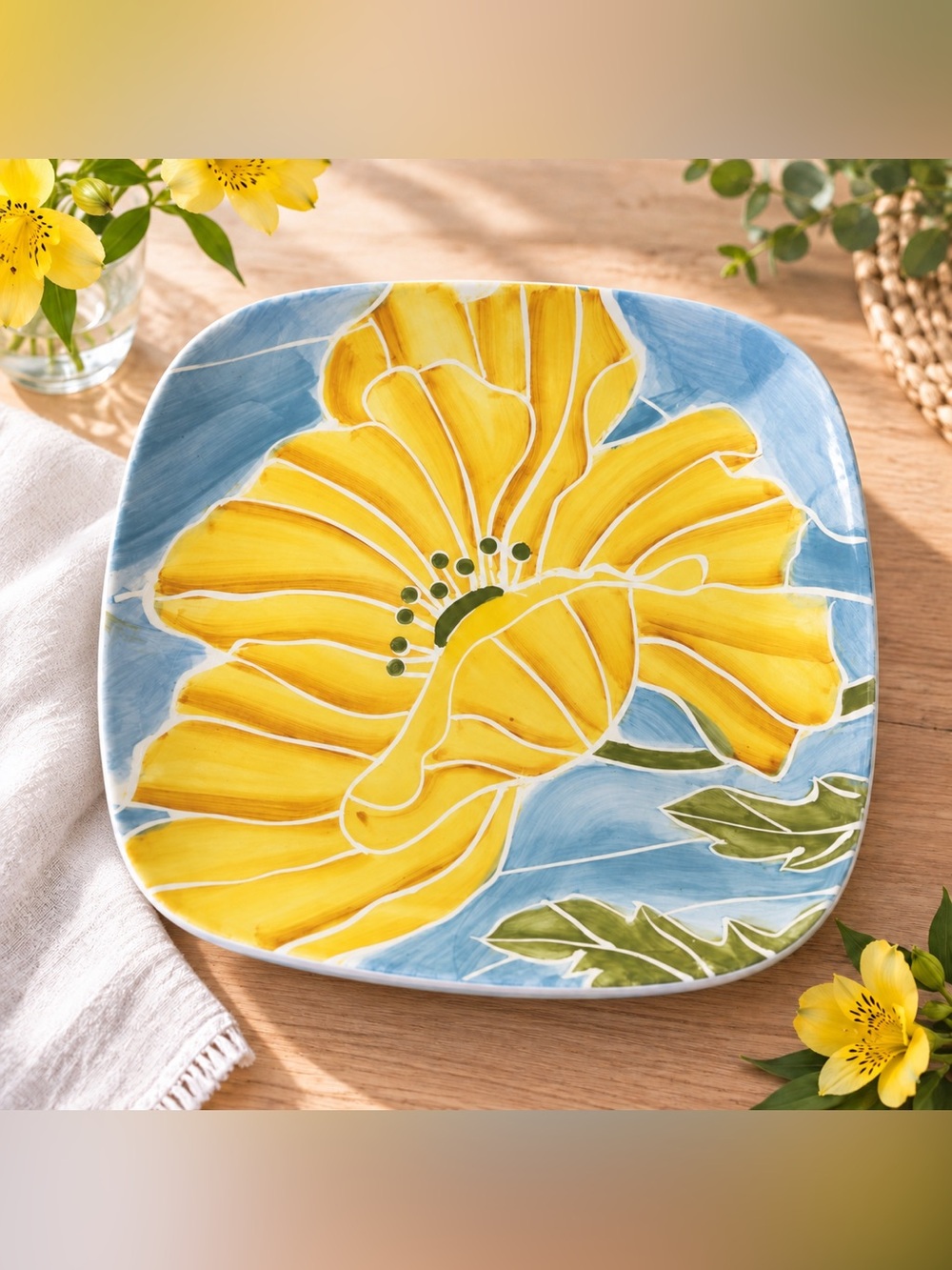 222 Fifth Spring Kiss Square Salad Plates Set of 5 Yellow Floral 8.5”